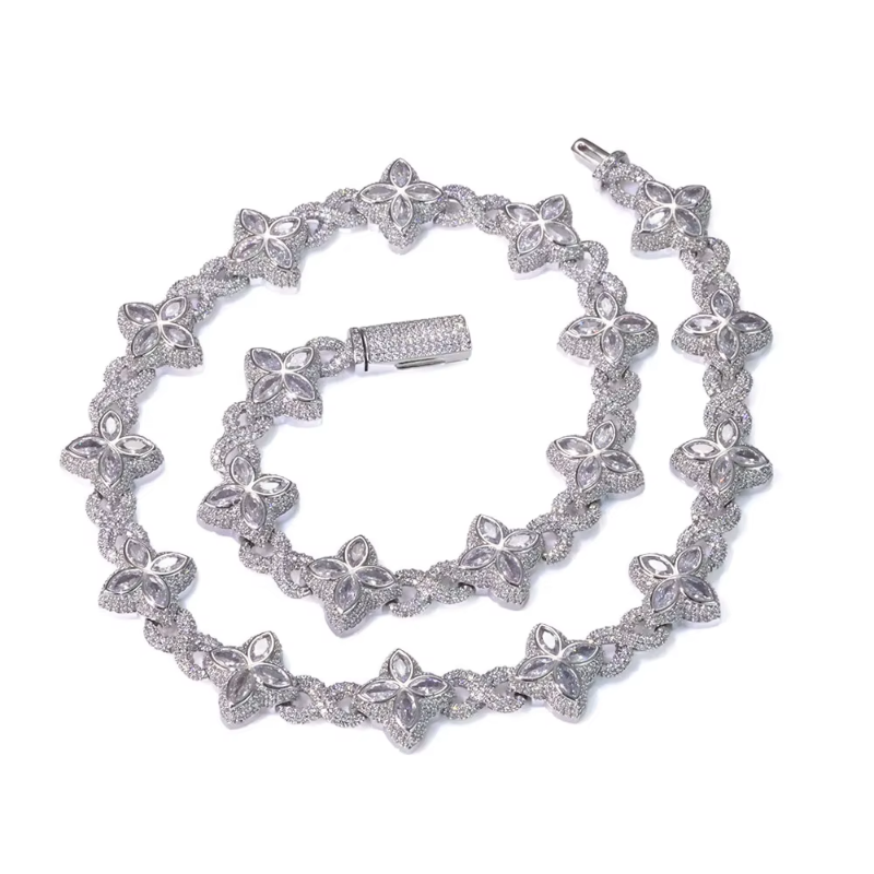 Ice Diamond Flower Cuban Chain Necklace for Men and Women