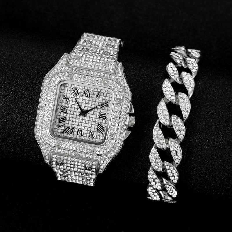 Cuban Bracelet and Diamond Watch Set
