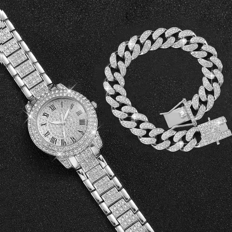Diamond Cuban Bracelet and Watch Set