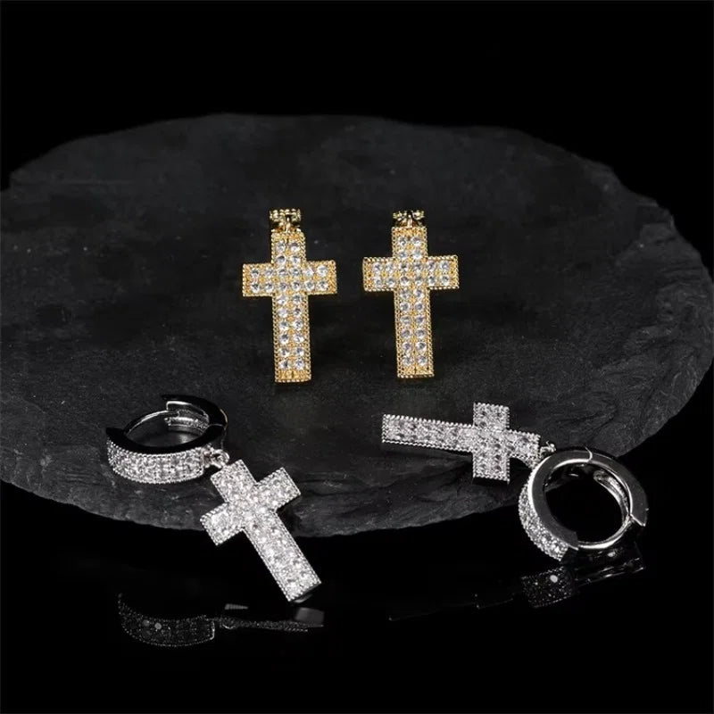 Drip Faith Earrings丨Iced Out Cross Hoops