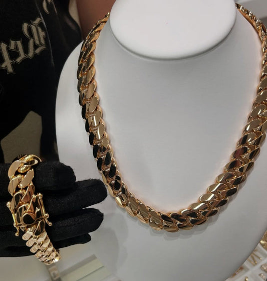 12mm Cuban Link Necklace and Bracelet Set, 14K Gold