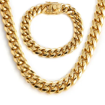20mm 18k gold plated stainless steel Cuban chain bracelet necklace set