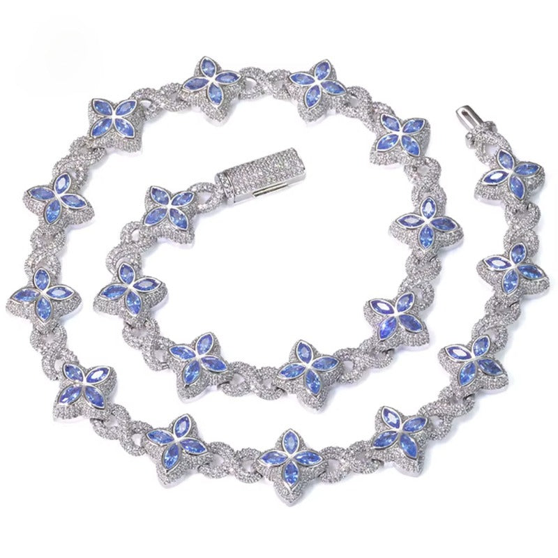 Ice Diamond Flower Cuban Chain Necklace for Men and Women