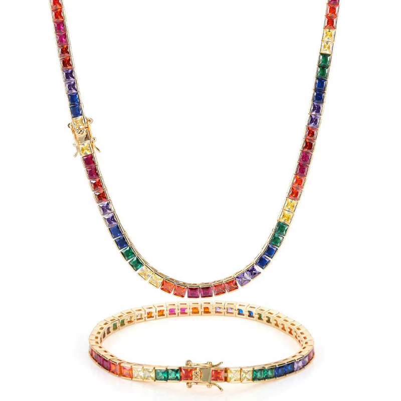 Hot Sale 4mm 18k Gold-Plated Multicolor Rainbow Tennis Necklace