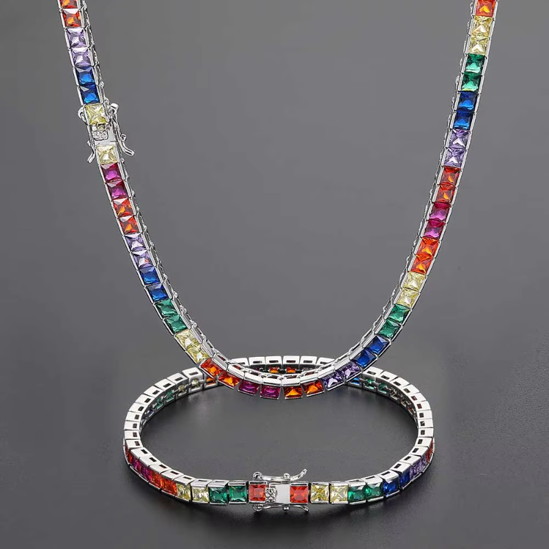 Hot Sale 4mm 18k Gold-Plated Multicolor Rainbow Tennis Necklace