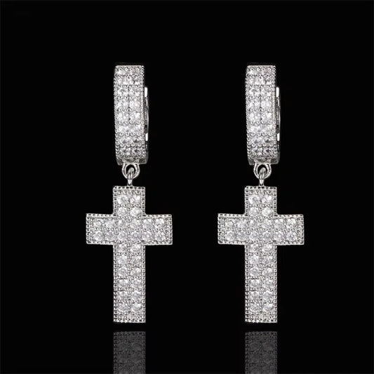 Drip Faith Earrings丨Iced Out Cross Hoops