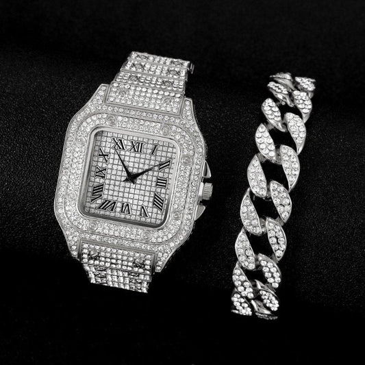 ICERIME Cuban Bracelet and Diamond Watch Set