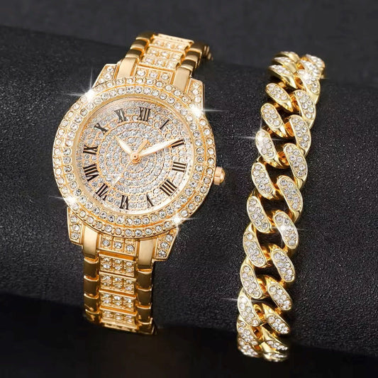 ICERIME Diamond Cuban Bracelet and Watch Set