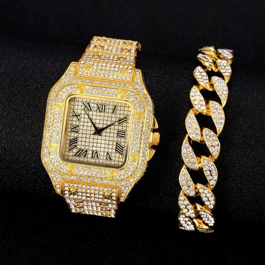 Cuban Bracelet and Diamond Watch Set