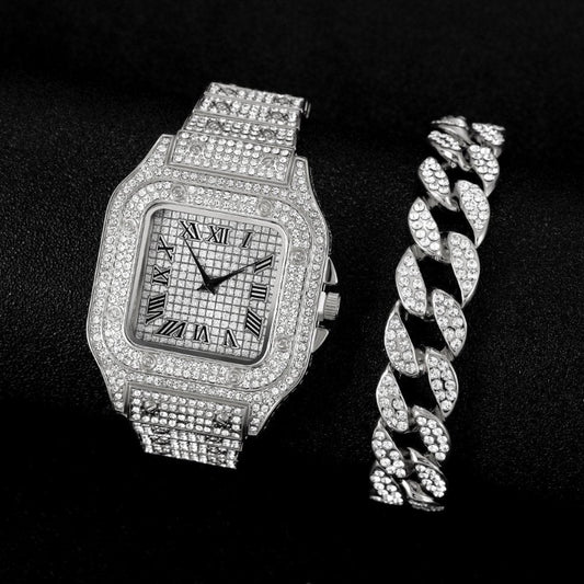 Cuban Bracelet and Diamond Watch Set