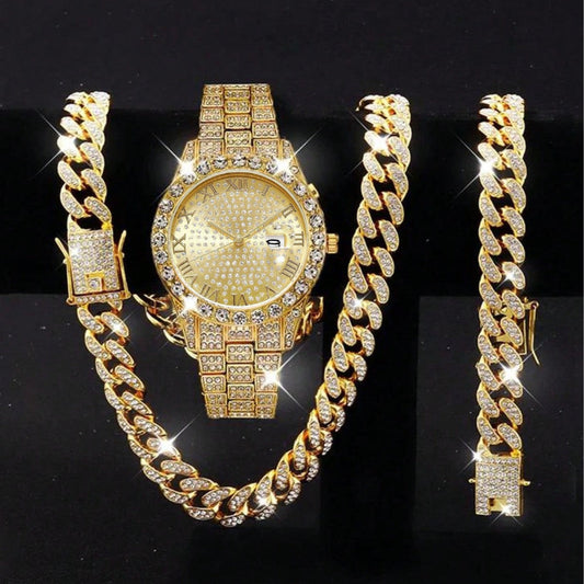Diamond Cuban chain, bracelet and watch three-piece set