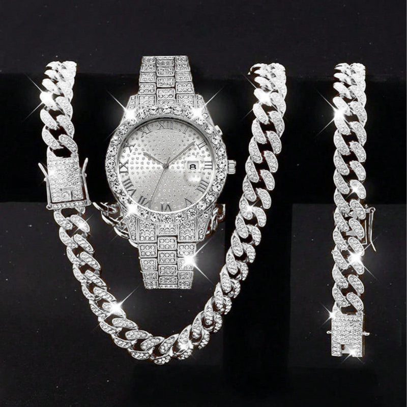 Diamond Cuban chain, bracelet and watch three-piece set