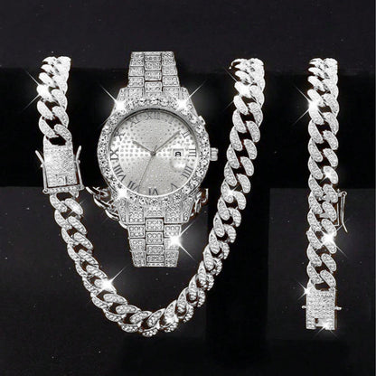 Diamond Cuban chain, bracelet and watch three-piece set
