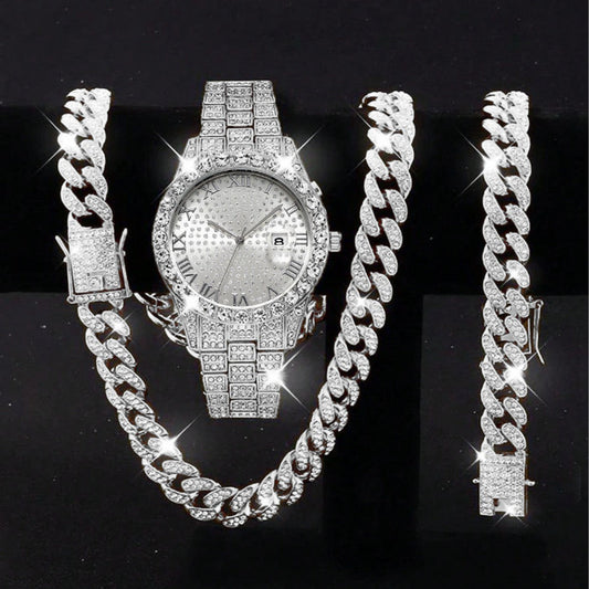 Diamond Cuban chain, bracelet and watch three-piece set