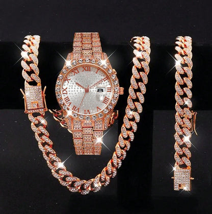 Diamond Cuban chain, bracelet and watch three-piece set
