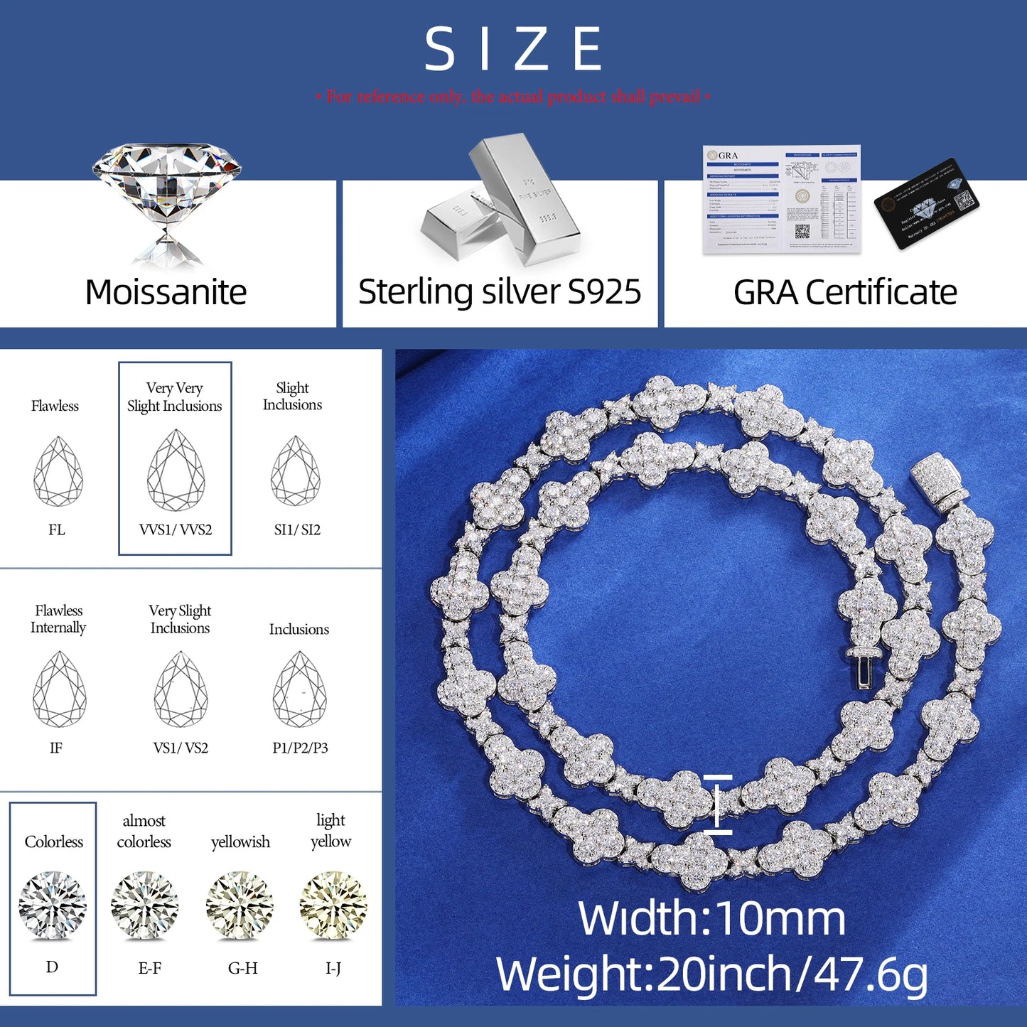 10mm 925 sterling silver ice crystal cross chain
