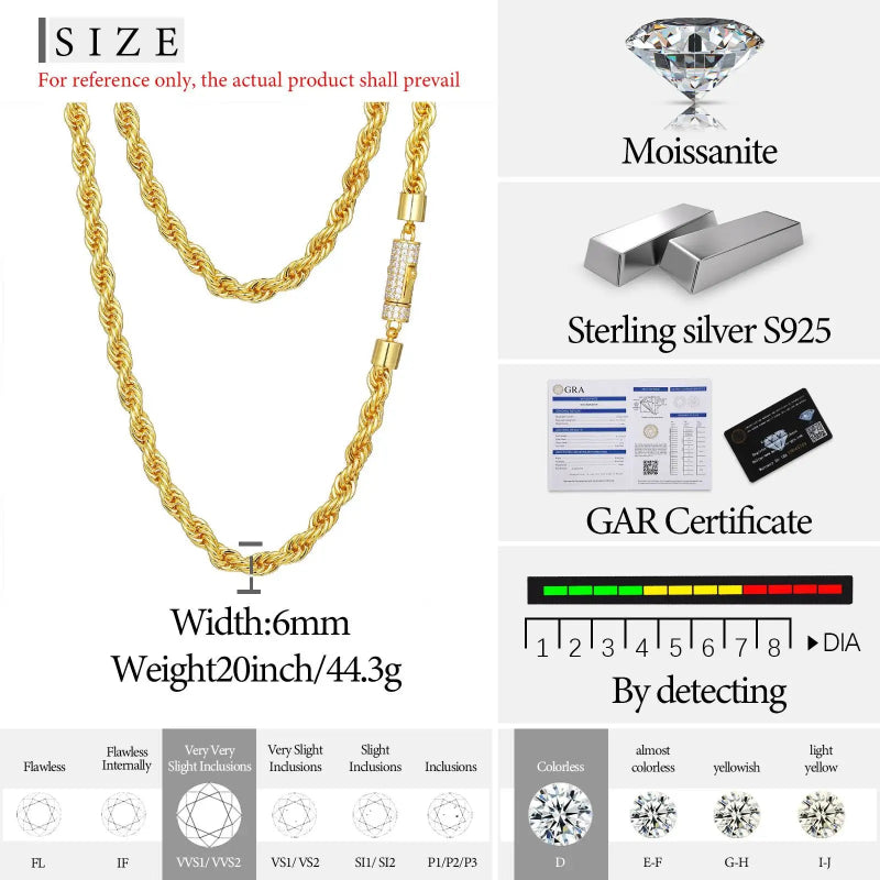 6mm Luxury 14K 18K Gold Plated Solid 925 Sterling Silver VVS Moissanite Diamond Iced Out Lock Rope Chain Necklace for Men