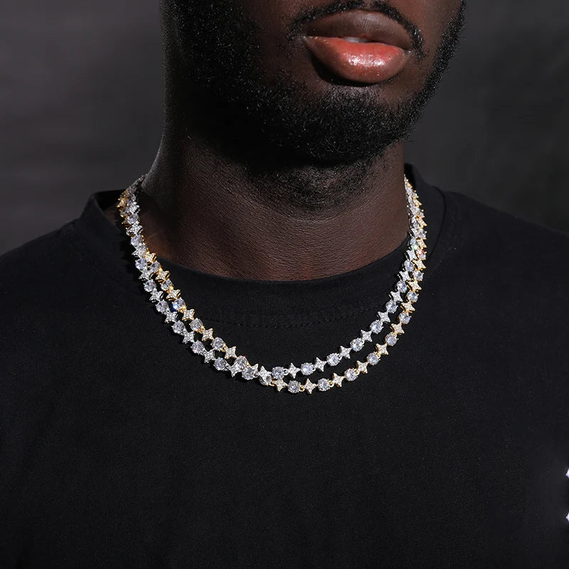 New Design Sparkling Mens Womens 6mm 925 Sterling Silver VVS Moissanite Diamond Iced Out Star Tennis Chain Necklace