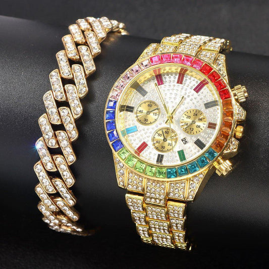 ICERIME Diamond Cuban Bracelet Watch Set