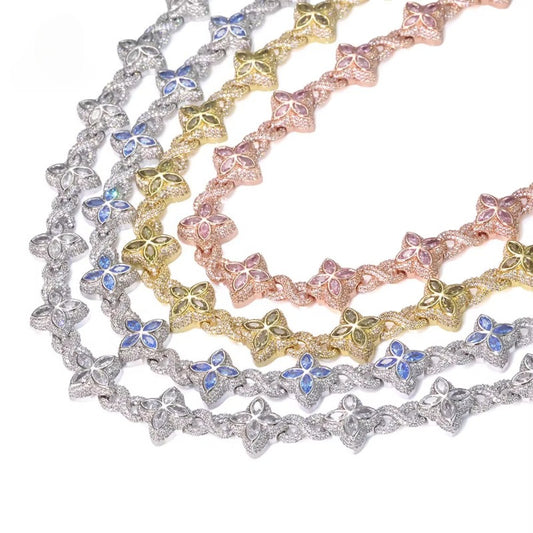 Ice Diamond Flower Cuban Chain Necklace for Men and Women